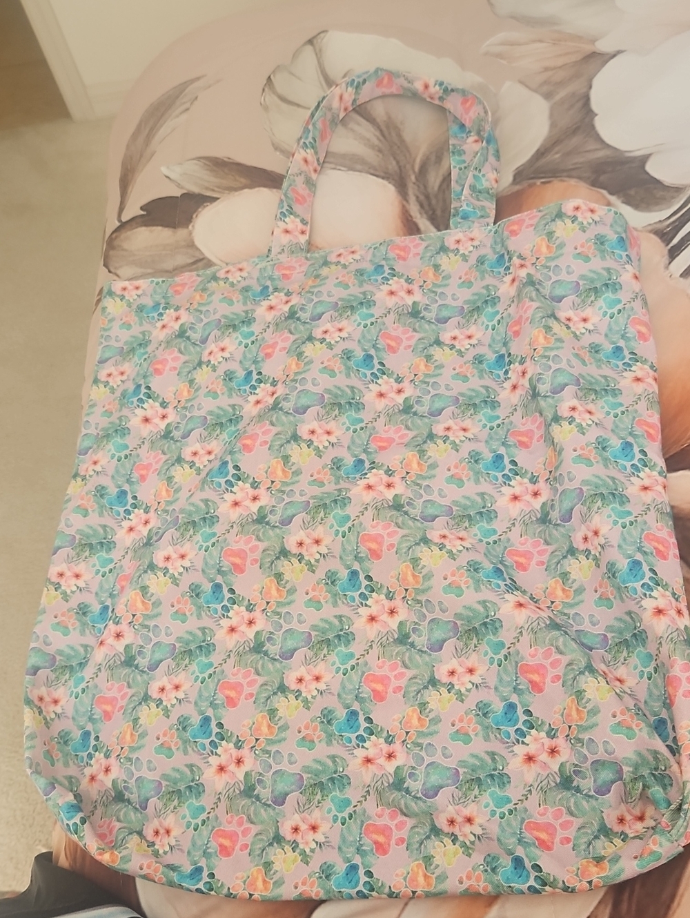 Fabric Tote Bag Flowers Little Footprints Yellow Pink Turquoise Rainbow Of Color